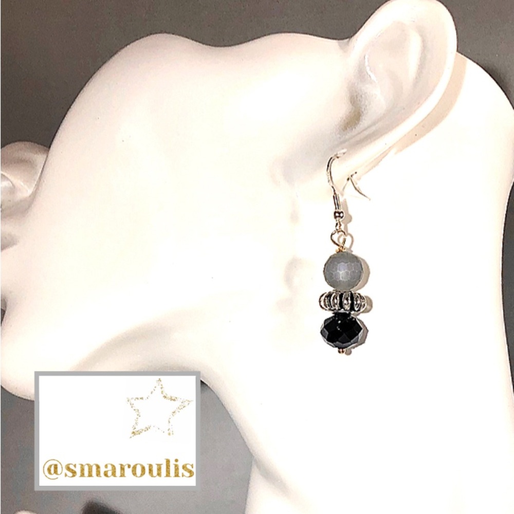 Sterling Silver Earrings Matte Grey Genuine Crystal Modern Chic French Chic - Picture 3 of 13